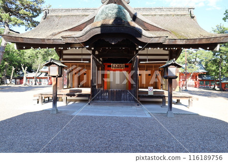 View of the first main shrine in the grounds of Sumiyoshi Taisha Shrine in Osaka City View of the first main shrine in the grounds of Sumiyoshi Taisha Shrine in Osaka City 116189756