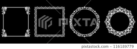 Set of decorative frames Elegant vector element for design in Eastern style, place for text. Floral black and white borders. Lace illustration for invitations and greeting cards. Set of decorative frames Elegant vector element for design in Eastern style, place for text. Floral black and white borders. Lace illustration for invitations and greeting cards. 116189779