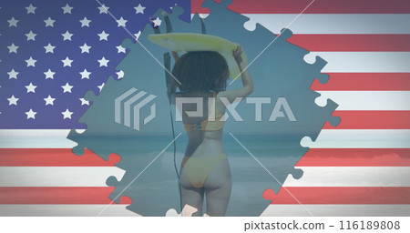 Image of american flag jigsaw puzzles revealing woman carrying surfboard on her head on beach 116189808