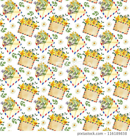 Postal envelopes with flowers, daffodils, meadow grass, chamomile, green leaves on a black background. Seamless pattern. All items are hand painted with watercolors. For printing on fabric, paper 116189838