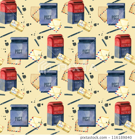 Seamless pattern. Mailbox, letters, stationery, ink. All objects are hand-painted with watercolors. Watercolor illustration. Suitable for printing on fabric, paper, scrapbooking. Seamless pattern. Mailbox, letters, stationery, ink. All objects are hand-painted with watercolors. Watercolor illustration. Suitable for printing on fabric, paper, scrapbooking. 116189840