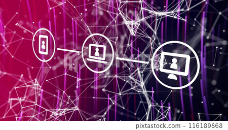 Image of network of connections and icons over dark background Image of network of connections and icons over dark background 116189868