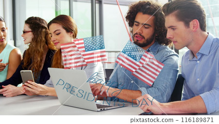 Image of flags of usa and happy presidents day over diverse businesspeople in office 116189871