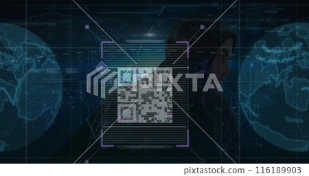 Image of qr code with globes and data processing over caucasian hacker Image of qr code with globes and data processing over caucasian hacker 116189903