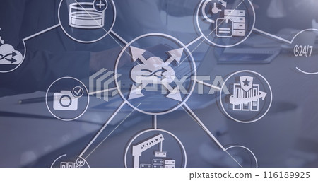 Image of network of digital icons over mid section of businessman using laptop at office 116189925