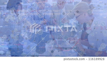 Image of network of digital icons over diverse colleagues discussing together at office 116189928