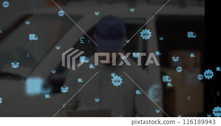 Image of media icons over caucasian male deliverer 116189943