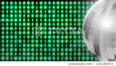 Image of disco mirror ball spinning over green glowing discs Image of disco mirror ball spinning over green glowing discs 116189955