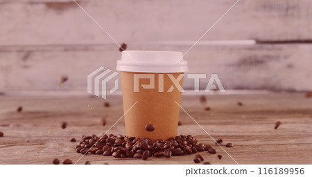 Image of white spots moving over coffee beans falling on takeaway coffee Image of white spots moving over coffee beans falling on takeaway coffee 116189956