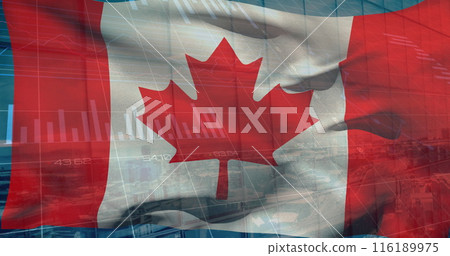 Image of statistical data processing over canada flag against aerial view of cityscape 116189975