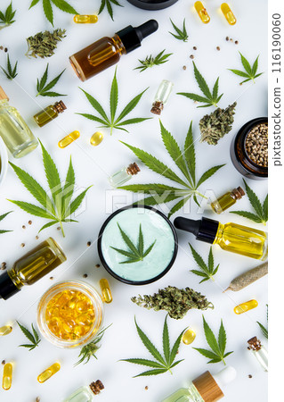 Cannabis leaves with marijuana, cbd, Flat lay composition 116190060