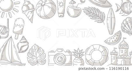 Summer minimalist horizontal banner, beach accessories gray monochrome icons. Round border frame, copy space, isolated on white. Summertime. For poster, flyer, card, invitation, social media, postcard 116190116