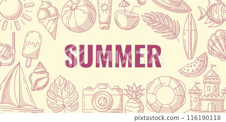 Summer minimalist horizontal banner, beach accessories monochrome icons. Round border frame, copy space. Summertime, holiday and vacation. For poster, flyer, card, invitation, social media, postcard 116190118