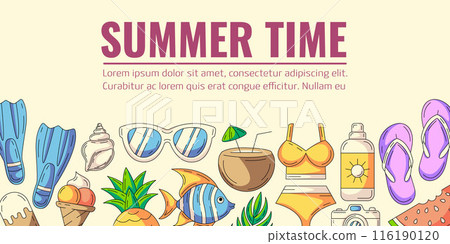 Summer colorful horizontal banner, beach accessories icons. Bottom border frame, copy space. Summertime, holiday and vacation. For poster, flyer, card, invitation, social media, postcard Summer colorful horizontal banner, beach accessories icons. Bottom border frame, copy space. Summertime, holiday and vacation. For poster, flyer, card, invitation, social media, postcard 116190120