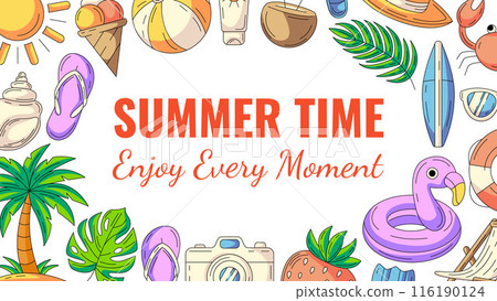 Summer colorful horizontal banner, beach accessories icons. Round border frame, copy space, isolated on white. Summertime, enjoy every moment. For poster, flyer, card, invitation, social media 116190124