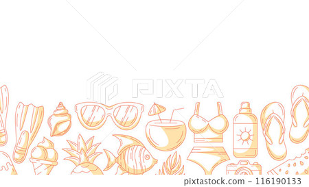 Summer minimal horizontal banner with beach accessories, orange monochrome icons. Bottom border of frame, copy space, isolated on white. Summertime. For poster, flyer, card, invitation, social media Summer minimal horizontal banner with beach accessories, orange monochrome icons. Bottom border of frame, copy space, isolated on white. Summertime. For poster, flyer, card, invitation, social media 116190133