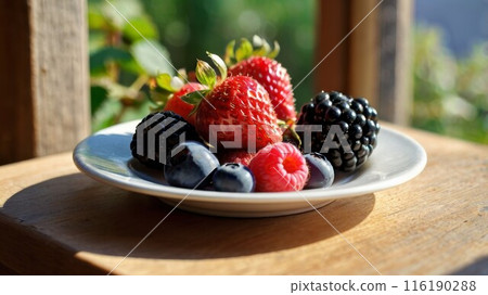 Berries on the plate on the windowsill. Generative AI. Berries on the plate on the windowsill. Generative AI. 116190288