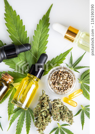 Hemp oil bottle with hemp leaf and cannabis leaf, marijuana 116190390