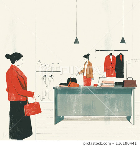 A female customer choosing clothes at a clothing store A female customer choosing clothes at a clothing store 116190441