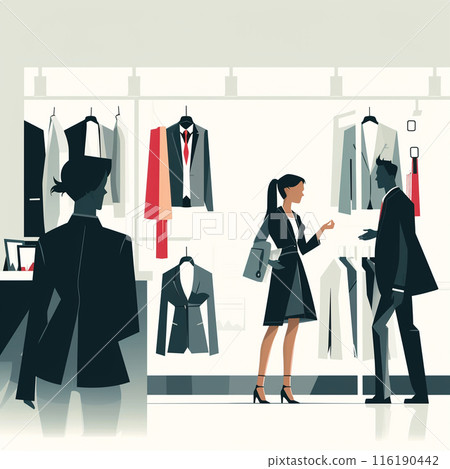 A female customer choosing clothes at a clothing store 116190442