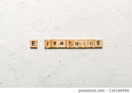E learning word written on wood block. Elearning text on cement table for your desing, concept 116190469