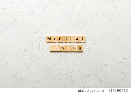 mindful living word written on wood block. mindful living text on table, concept 116190483