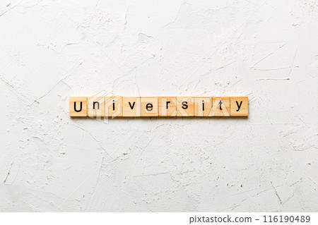 UNIVERSITY word written on wood block. UNIVERSITY text on cement table for your desing, concept UNIVERSITY word written on wood block. UNIVERSITY text on cement table for your desing, concept 116190489