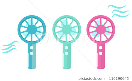 Red, blue and green handheld fans. Handheld electric fans. Vector illustration Red, blue and green handheld fans. Handheld electric fans. Vector illustration 116190645