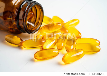 Fish oil capsules omega 3 vitamin with EPA and DHAvon white background. 116190646