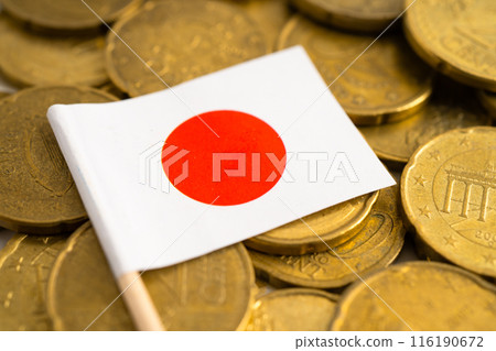 Japan flag on gold coins, finance and banking business. 116190672