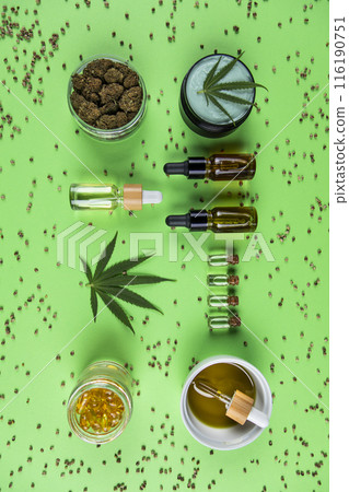 Marijuana buds with cannabis leaves on cbd concept 116190751