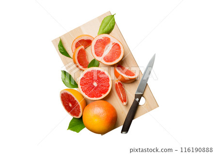fresh Fruit grapefruit slices isolated on white background. Top view. Copy Space. creative summer concept. Half of citrus in minimal flat lay with copy space 116190888
