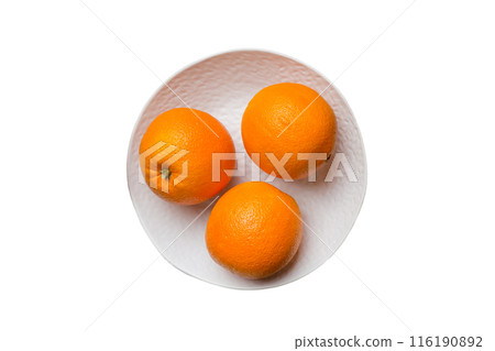 Flat lay of Fresh orange fruit with sliced in plate isolated on white background. Top view with copy space 116190892