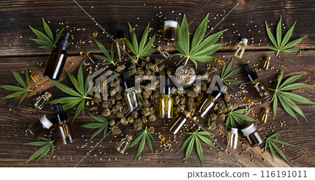 Medical marijuana, Oil cbd, cannabis and hemp leaves 116191011