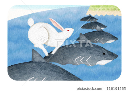日本民間故事 Kojiki 稻葉的白兔水彩插圖 116191265