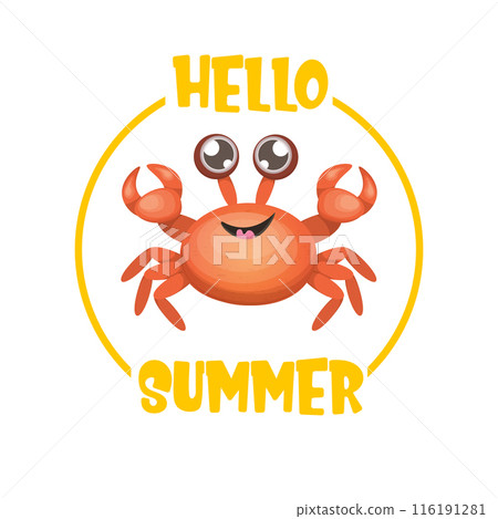 hello summer poster design template with funky red crab character isolated on transparent white background. hello summer beach party design template with crab and text. Hello summer sticker 116191281
