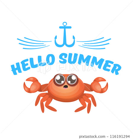 hello summer poster design template with funky red crab character isolated on transparent white background. hello summer beach party design template with crab and text. Hello summer sticker 116191294