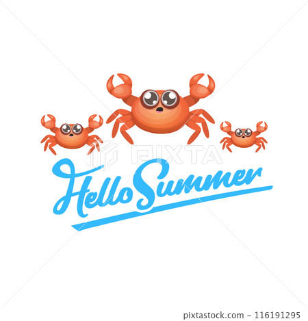 hello summer poster design template with funky red crab character isolated on transparent white background. hello summer beach party design template with crab and text. Hello summer sticker 116191295