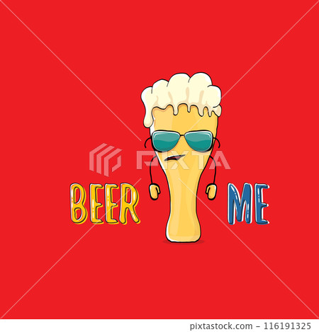BEER ME vector concept illustration or summer poster. vector funky beer character with funny slogan for print on tee. International beer day or octoberfest label with slogan on red background 116191325