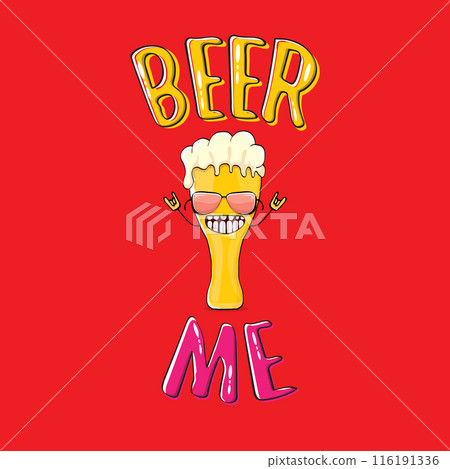 BEER ME vector concept illustration or summer poster. vector funky beer character with funny slogan for print on tee. International beer day or octoberfest label with slogan on red background 116191336