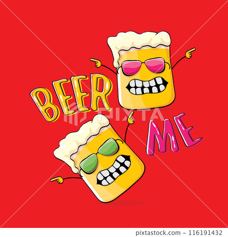 BEER ME vector concept illustration or summer poster. vector funky beer character with funny slogan for print on tee. International beer day or octoberfest label with slogan on red background 116191432