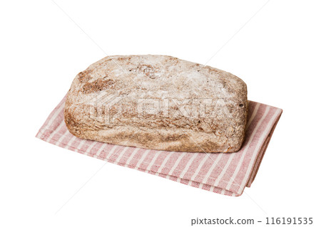 Freshly baked delicious french bread with napkin isolated on white background top view. Healthy white bread loaf 116191535