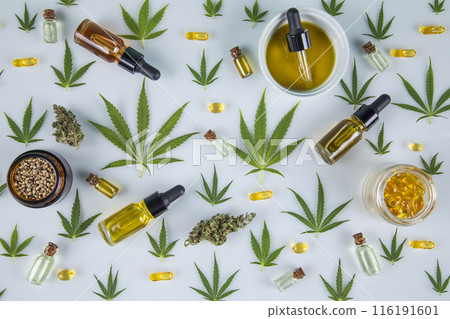 Composition, hemp oil, cannabis leaves, marijuana, Flat lay on white background 116191601