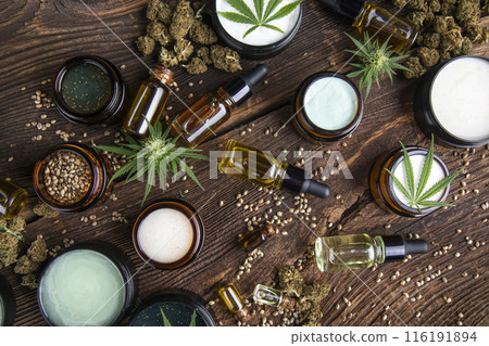 Cbd hemp cosmetics, oil in bottle and marijuana Cbd hemp cosmetics, oil in bottle and marijuana 116191894