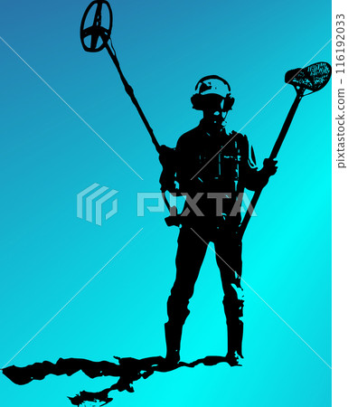 Finder with metal detector and scoop.The treasure hunter raised his equipment above his head. A dark silhouette against a blue background. 116192033