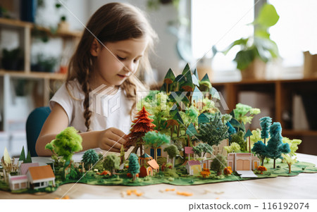 Girl schoolgirl doing homework environmental project about environmental protection in the classroom, back to school concept Girl schoolgirl doing homework environmental project about environmental protection in the classroom, back to school concept 116192074