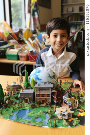 Boy schoolboy shows an ecological project about environmental protection in the classroom, back to school concept 116192076
