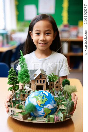 Back to school, Girl schoolgirl shows her ecological project on the theme of environmental protection Back to school, Girl schoolgirl shows her ecological project on the theme of environmental protection 116192077