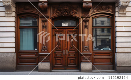 Vintage brown wooden front door on the facade of a building with windows, AI generated 116192134