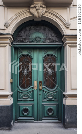 Vintage green wooden entrance door with stained glass windows on the facade of the building, AI generated 116192136